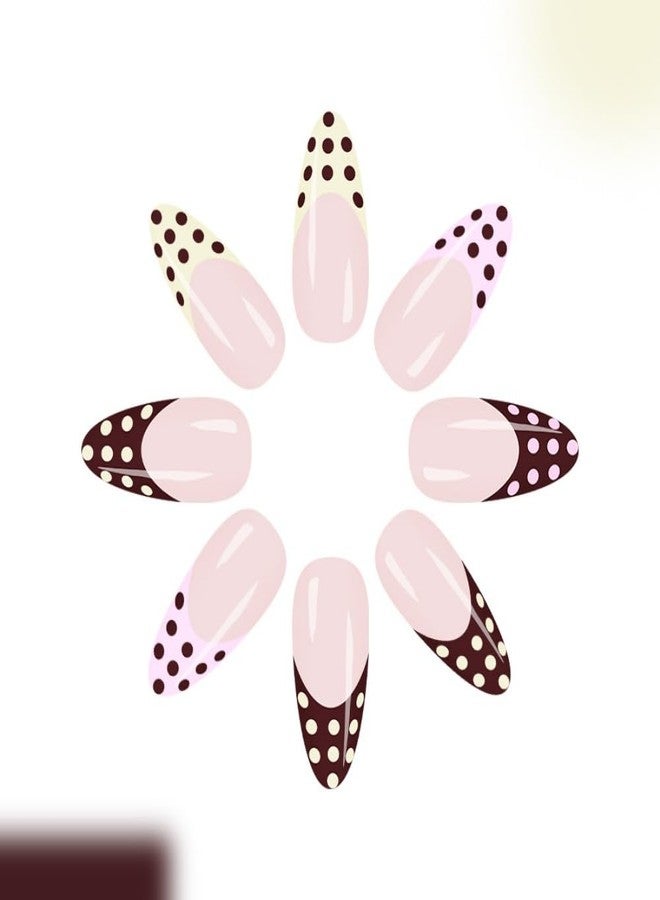 Sevgob Almond Press on Nails Polka Dot Nails Press on Medium False Nails with Designs Reusable Colorful French Tips Glue on Nails Glossy Dots Fake Nail Cute Fall Winter Nail for Women Manicure 24Pcs - Image 4